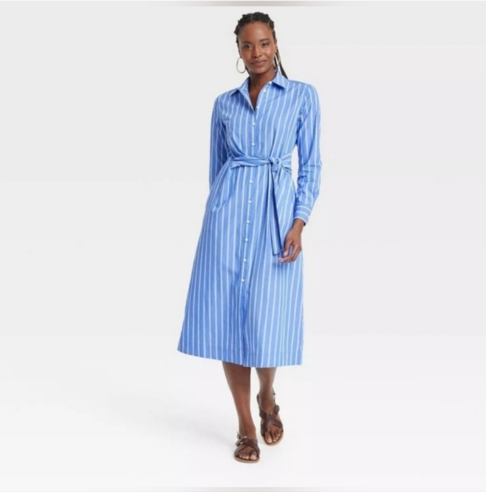 Universal Thread Long Sleeve Blue/White Stripe Tie-Front Midi Shirtdress - Small